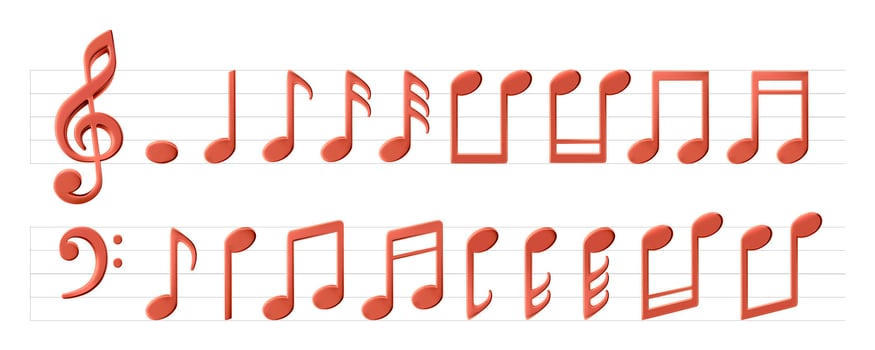 Music elements isolated. Treble and bass clef, notes, classical keys for melody sheet. Glossy 3d cartoon render for book cover, live karaoke score, acoustic rock jazz festival, instrument fine tune. vector