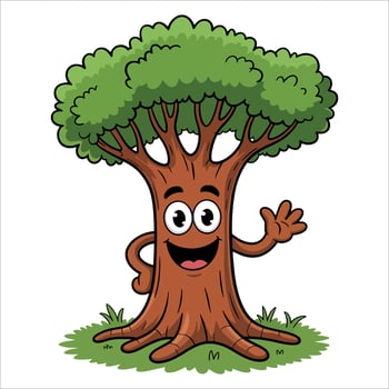 Friendly waving cartoon tree character illustration perfect for green themes kids projects and cheerful nature design. vector