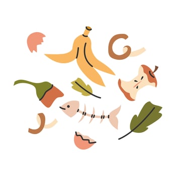 Organic kitchen waste. Collection of compostable food scraps including banana peel, fish bone, eggshell, bell pepper, carrot top, potato peels, and dry leaves. vector