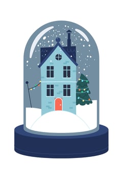 House inside Christmas snow globe flat icon Winter cityscape Illustration vector