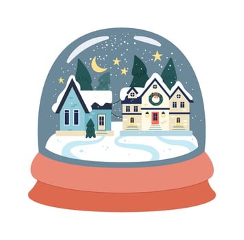 House inside Christmas snow globe flat Winter cityscape Illustration vector