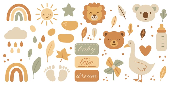 Cute baby animal illustrations and nursery elements vector