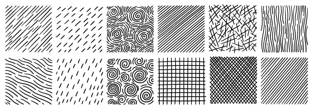 Hand drawn black and white crosshatch textures set with lines dots and grids isolated on white vector