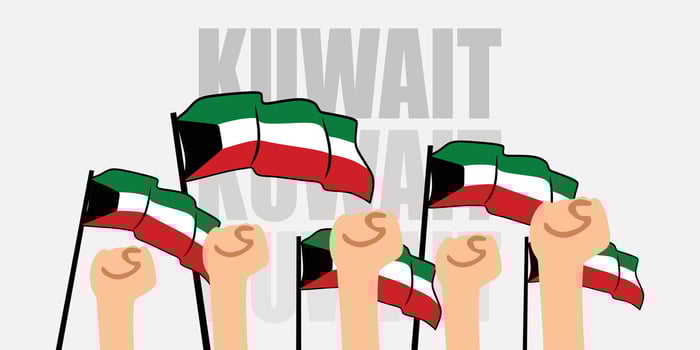 hand with flag of the Kuwait or Kuwait independence day illustration of Kuwait flag with gray background banner or greeting card vector