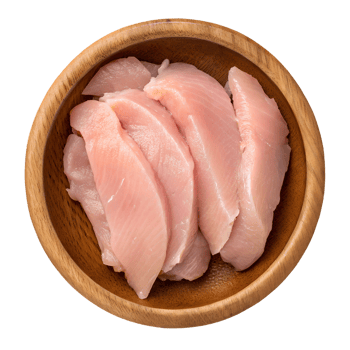 Freshly sliced raw chicken breast fillets in rustic wooden bowl, meal prep ingredient isolated png