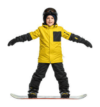 Exciting snowboarding action mountain resort child athlete winter wonderland full-body view adventure png