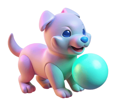 Playful cartoon puppy with ball indoor setting 3d animation colorful environment fun concept png