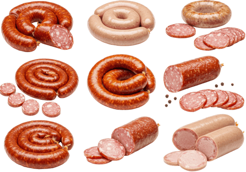 Assorted sausages display food market photography indoor top view culinary variety png