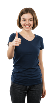Positive vibes woman thumbs up studio setting portrait photography bright environment confident viewpoint png