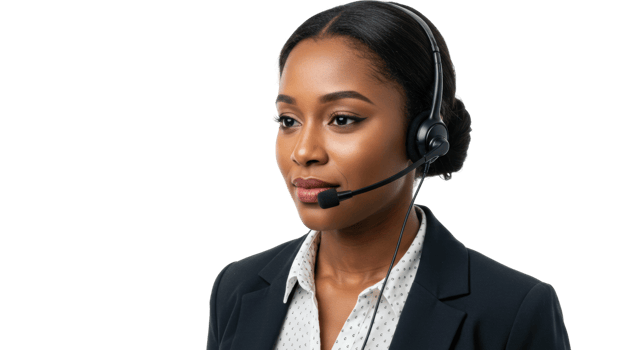 Professional portrait of customer support in a bright office setting with focused communication skills png