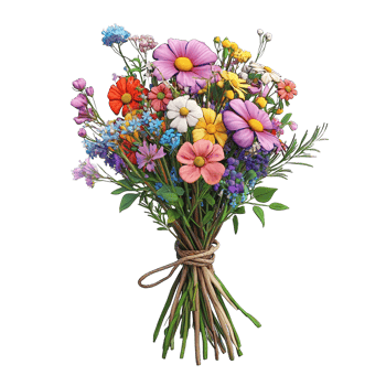 A colorful bouquet of various wildflowers tied with twine isolated on a transparent background. png