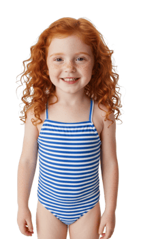 Cheerful child in blue striped swimsuit home portrait indoor close-up joyful expression png