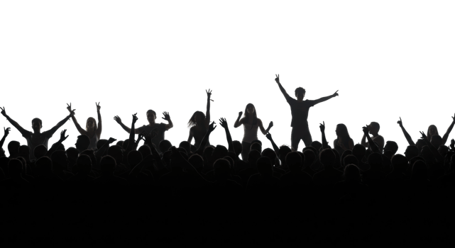 Energetic crowd celebrates at concert urban venue silhouette photography joyful atmosphere wide angle view png