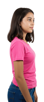 Profile portrait of a young woman in pink shirt studio photography neutral background side view png