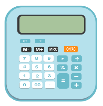 Blue calculator with full function buttons and clear display. png