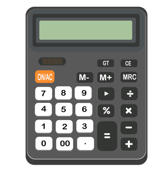 Dark grey calculator with full number pad and orange button. png
