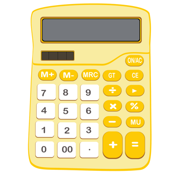 Yellow calculator with white keys and orange math functions. png