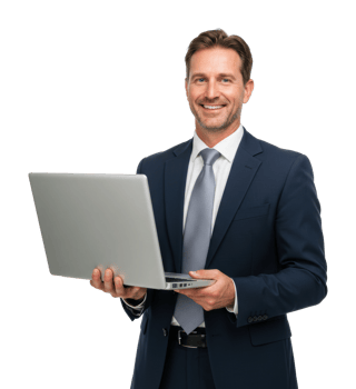 Business professional smiling with laptop office environment portrait positive vibes corporate setting png