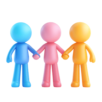 Three cartoon figures holding handsisolated on a transparent background. png
