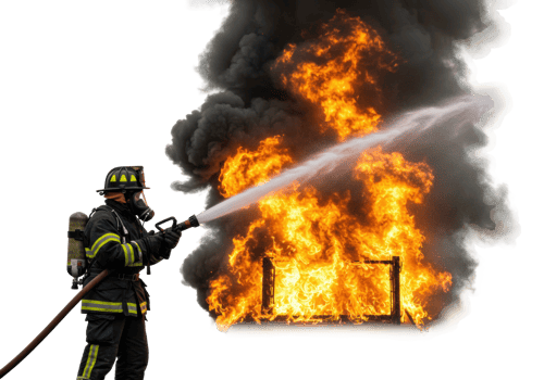 Firefighter battling blaze at residential structure action shot urban environment dramatic viewpoint png