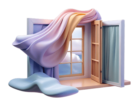 Dreamy window scene with flowing fabric artistic environment digital artwork surreal viewpoint png
