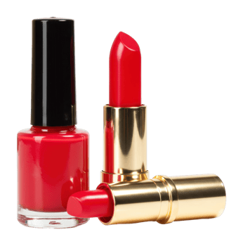 Applying bold red lipstick and nail polish beauty studio cosmetic products indoor setting close-up glamour png