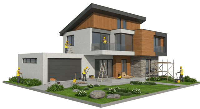 Construction workers building modern house urban area 3d render outdoor aerial view home design png