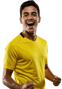 Exciting soccer celebration by a player in yellow jersey studio environment portrait viewpoint png
