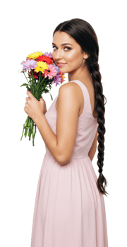 Woman holding colorful flowers studio setting portrait photography bright and cheerful atmosphere png