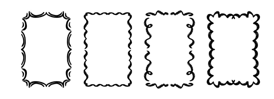 Hand drawn wavy frame collection. Black curly ribbon border set. Curved squiggly rectangle border pack for invitation, wedding party, birthday, greeting card design. Doodled cadre frames vector