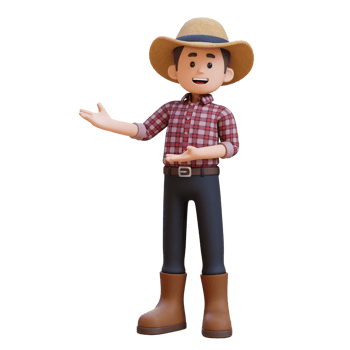 3D male farmer character in pointing and presenting gesture png