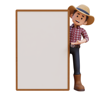3D male farmer character standing behind placard and peeking with presenting gesture. png