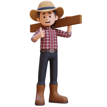 3D male farmer character gives a thumbs up while working carrying wood. png
