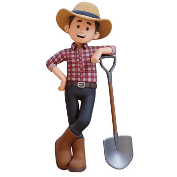 3D male farmer character leaning against a shovel png