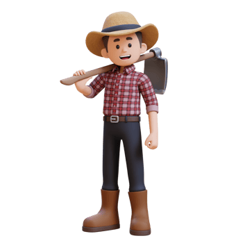 3D male farmer character standing confident with a hoe on shoulder png