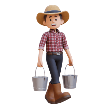 3D male farmer character working and carrying two bucket png