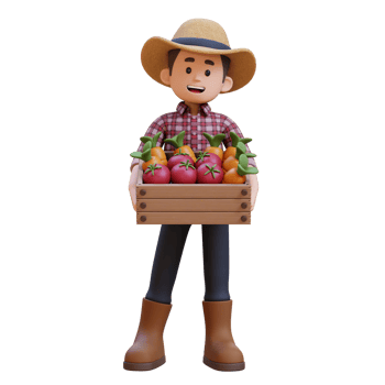 3D male farmer character holding a crate full of vegetables. png