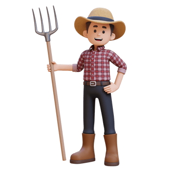 3D male farmer character standing confident holding a pitchfork png