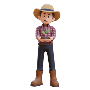 3D male farmer character standing confident holding a sprout png