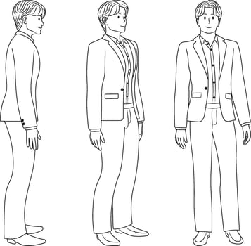 Businessman Characters in Standing Poses, Front and Side Views, line art style. vector
