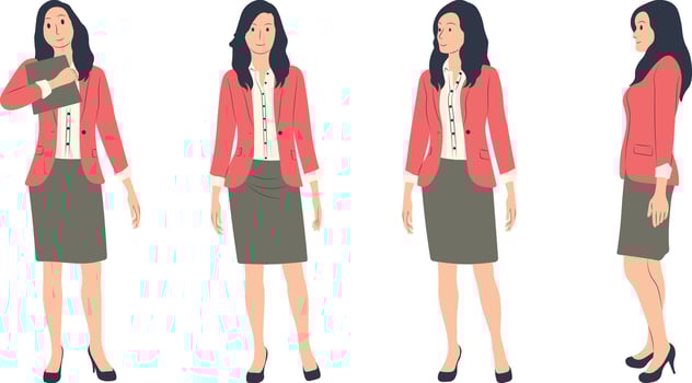 Young Businesswoman Wearing a Suit and Skirt in Various Standing Poses. vector