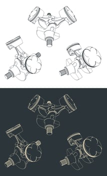 Two-cylinder engine piston block drawing vector
