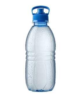 A plastic water bottle with a blue cap png