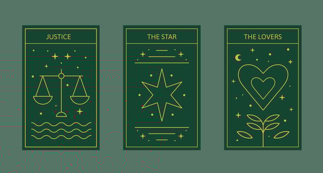 Mystical Tarot Card Set - Justice, The Star, The Lovers - Golden Line Art on Dark Green Background vector