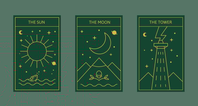 Celestial Tarot Card Trio - The Sun, The Moon, The Tower - Golden Astronomical Symbols on Forest Green vector