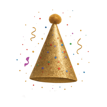 Golden party hat with confetti isolated on transparent background png