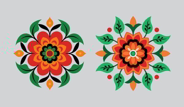 Two vibrant floral ornaments with intricate patterns and bright colors on a light background vector