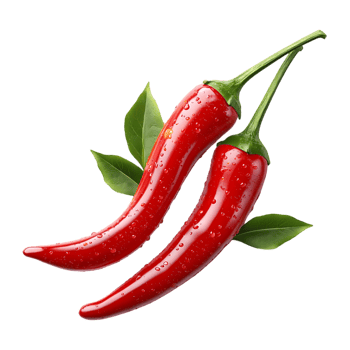 Two red chili peppers with water droplets and green leaves png