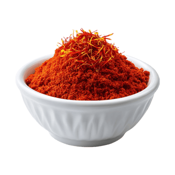 Red spice blend in a white bowl with saffron threads on top png