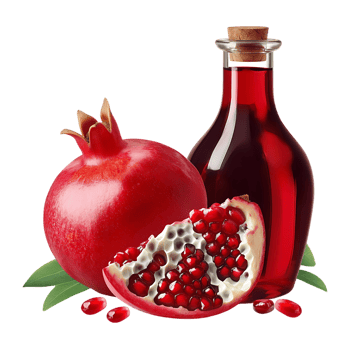 Pomegranate fruit and juice in a glass bottle with seeds and leaves png